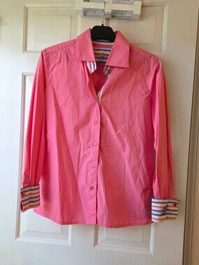ROBERT GRAHAM Pink Button Down Embroidery Striped Cuff Shirt Fits Cotton Ribbon